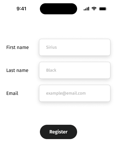 An iPhone screen showing three text fields and a button. The text fields are labeled 'First Name', 'Last Name', and 'Email'. There is also a 'Register' button.